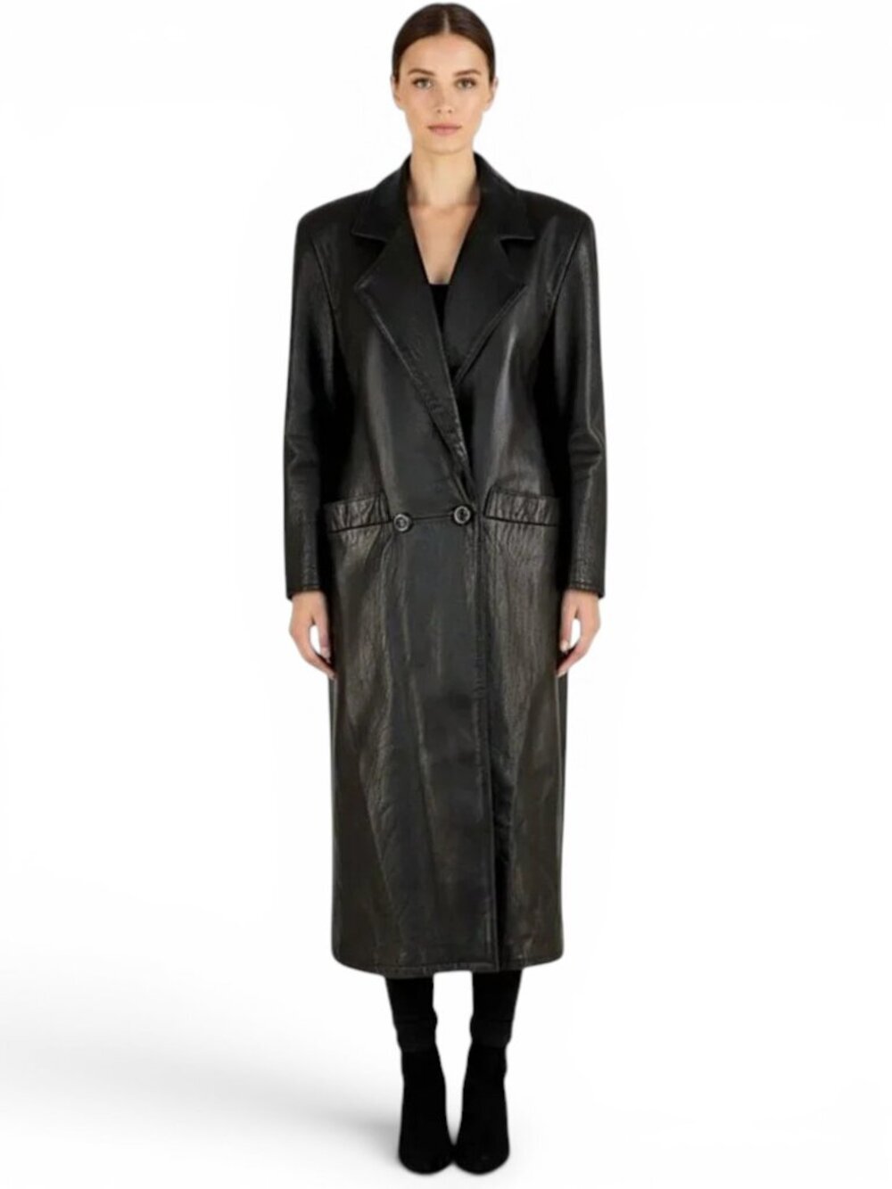 Vakko Vintage Long Black Leather Trench Coat Jacket Textured Pebbled Retro XS